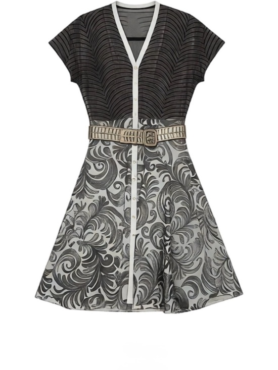 Byran Lars Dresses & Skirts - Bryan Lars, Silver & White Patterned Short-Sleeve Dress with Silver Accent Belt